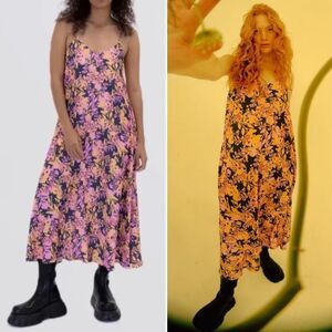 WRAY NYC Floral Midi Slip Dress Black/Orange/Pink Size Medium